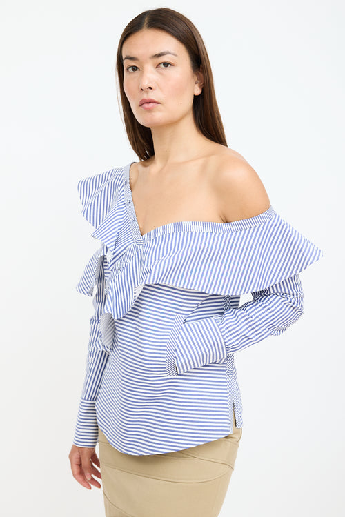 Self-Portrait White & Blue Stripe Asymmetrical Ruffle Blouse