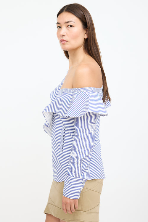 Self-Portrait White & Blue Stripe Asymmetrical Ruffle Blouse