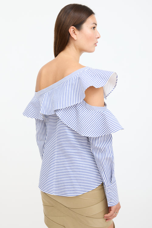 Self-Portrait White & Blue Stripe Asymmetrical Ruffle Blouse