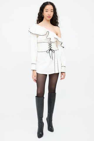 Self-PortraitWhite & Navy Ruffled Corset Shirt Dress