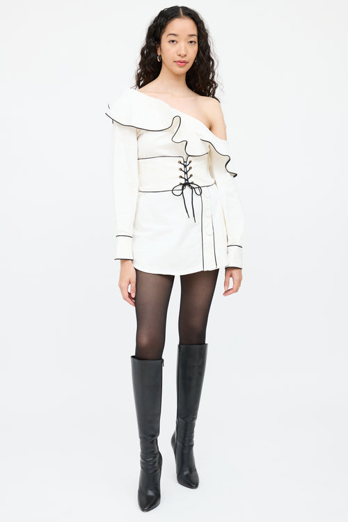 Self-PortraitWhite & Navy Ruffled Corset Shirt Dress