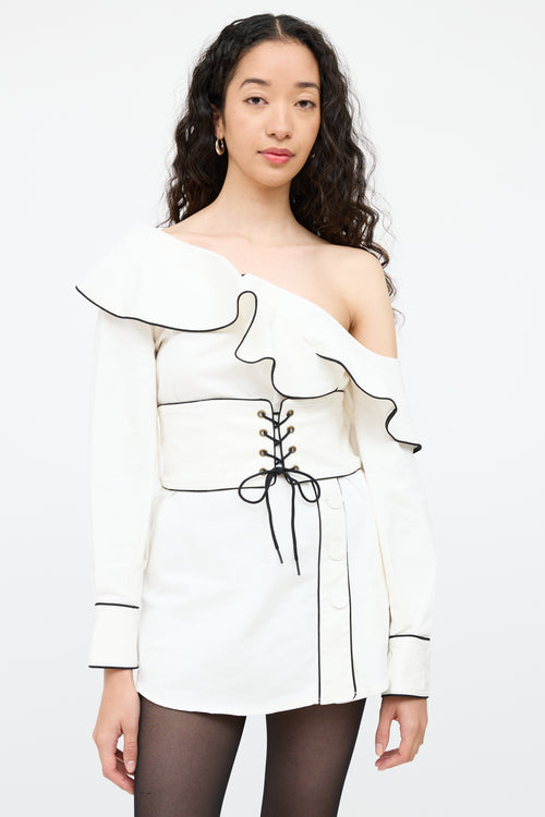 Self-PortraitWhite & Navy Ruffled Corset Shirt Dress