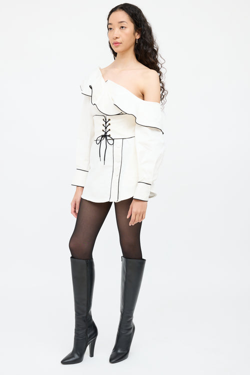 Self-PortraitWhite & Navy Ruffled Corset Shirt Dress