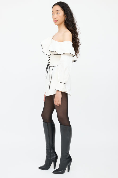 Self-PortraitWhite & Navy Ruffled Corset Shirt Dress