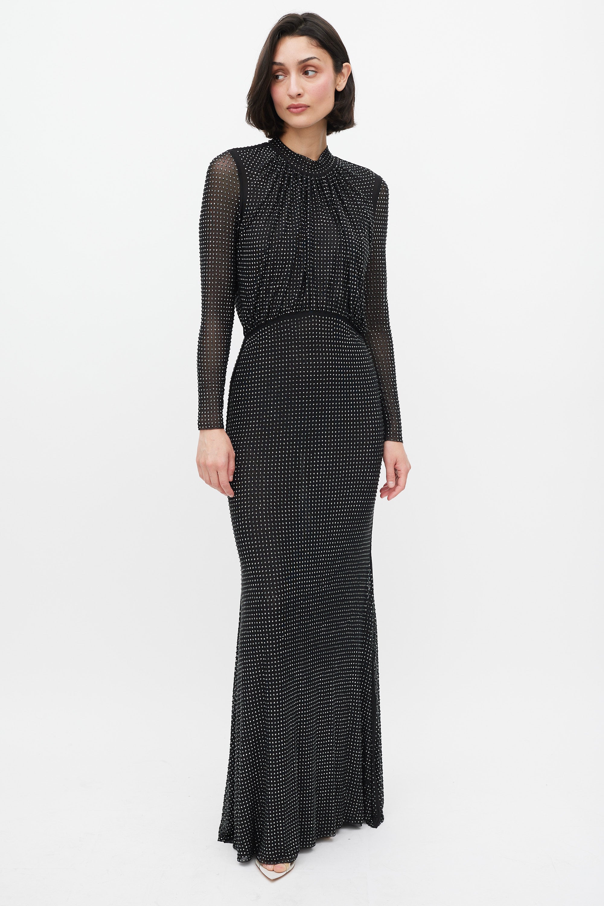 Self-Portrait // Black Rhinestone Mesh Long Sleeve Maxi Dress – VSP
