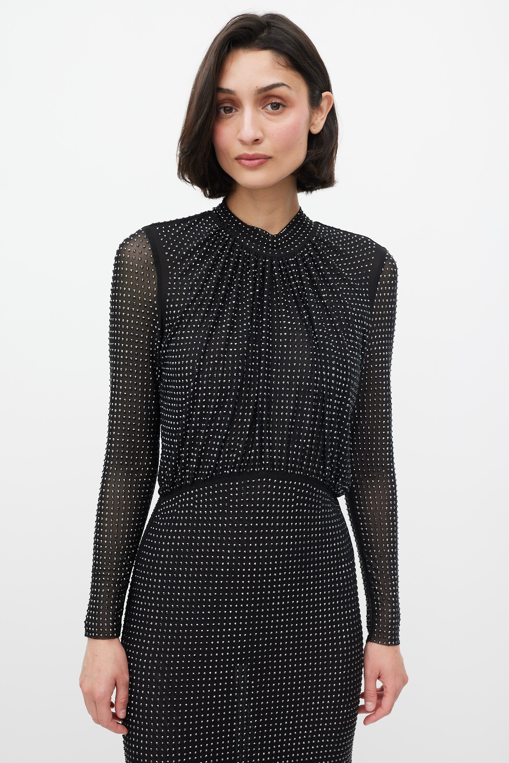 self portrait black rhinestone mesh long sleeve midi dress BLACK RHINESTONE MESH V-NECK MIDI DRESS