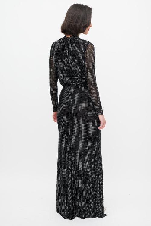 Self-Portrait Black Rhinestone Mesh Long Sleeve Maxi Dress