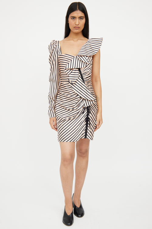 Self-Portrait Beige & Black Striped Asymmetrical Dress