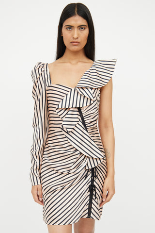 Self-Portrait Beige & Black Striped Asymmetrical Dress