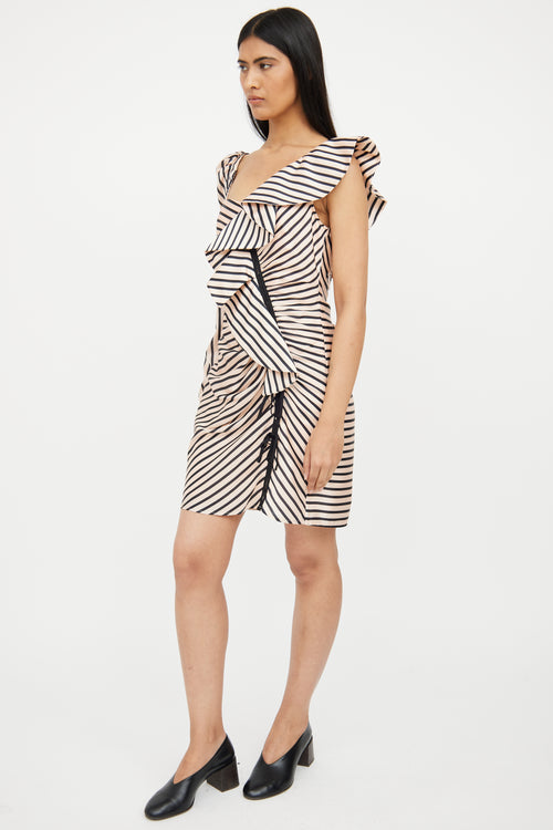 Self-Portrait Beige & Black Striped Asymmetrical Dress