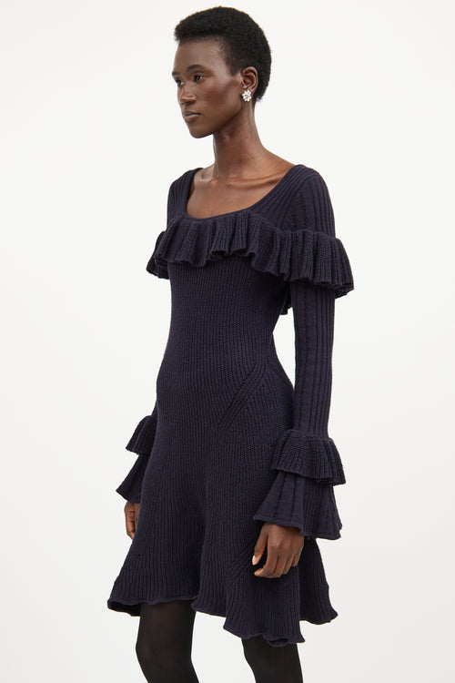 Self-Portrait Navy Knit Ruffled Dress