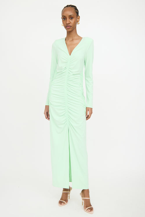 Self-Portrait Green Ruched Lace Maxi Dress