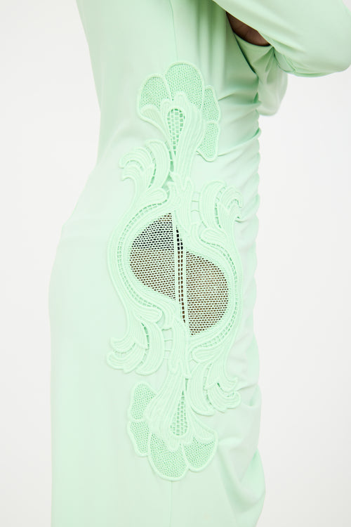 Self-Portrait Green Ruched Lace Maxi Dress