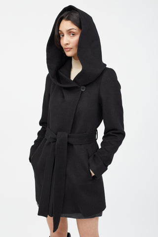 Sentaler Black Merino Wool Hooded Belted Coat