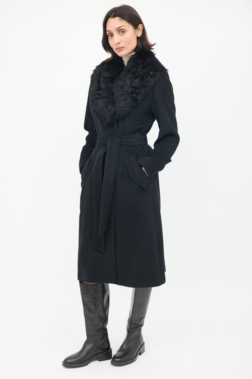 Sentaler Black Wool Fur Collar Belted Coat