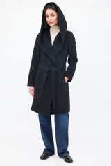 Sentaler Black Wool Mid Length Hooded Wrap Coat