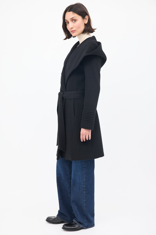 Sentaler Black Wool Mid Length Hooded Wrap Coat