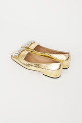 Sergio Rossi Gold Embossed Leather Embellished Flat