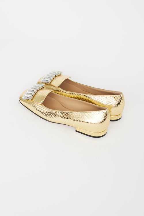 Sergio Rossi Gold Embossed Leather Embellished Flat