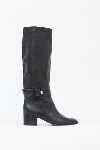 Sergio Rossi Black Leather Knee High Buckle Boot