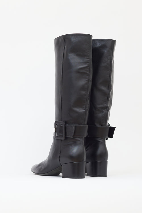 Sergio Rossi Black Leather Knee High Buckle Boot