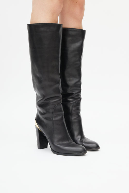 Sergio Rossi Black Leather & Gold Heeled Boot