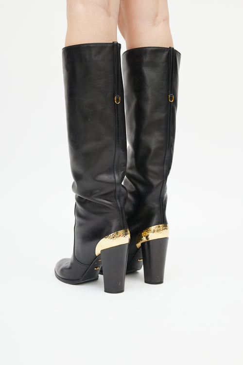 Sergio Rossi Black Leather & Gold Heeled Boot