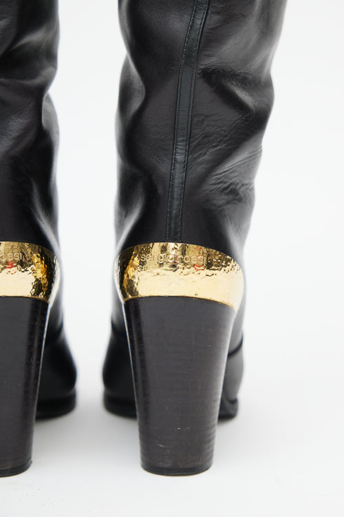 Sergio Rossi Black Leather & Gold Heeled Boot