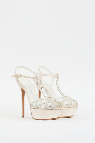 Sergio Rossi White Satin Crystal Vague Platform Heel