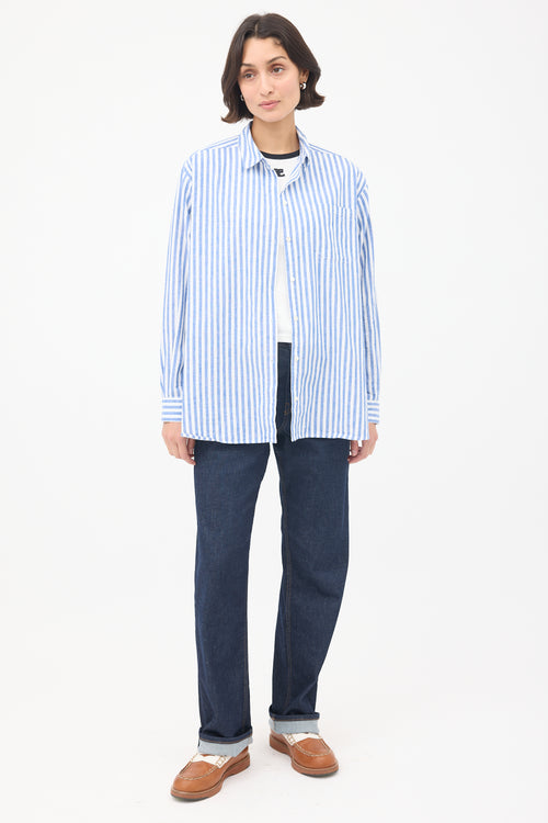 Sézane Blue & White Cotton & Linen Max Striped Shirt