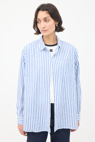 Sézane Blue & White Cotton & Linen Max Striped Shirt