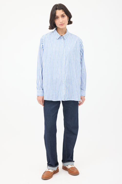 Sézane Blue & White Cotton & Linen Max Striped Shirt