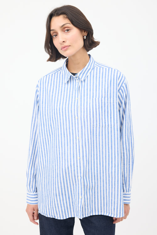 Sézane Blue & White Cotton & Linen Max Striped Shirt