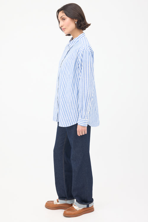 Sézane Blue & White Cotton & Linen Max Striped Shirt