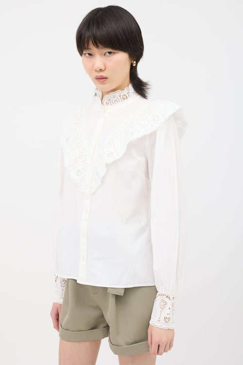 Sezane Eyelet Lace Ruffle Blouse