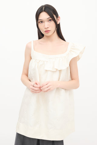 Shushu/Tong Cream Nylon Floral Cloqué Asymmetric Ruffle Dress