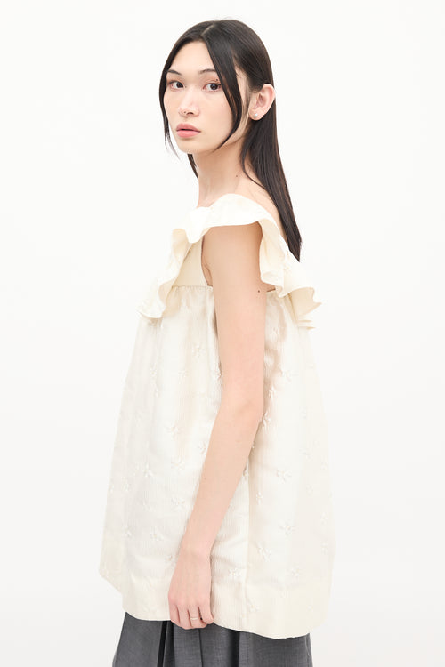 Shushu/Tong Cream Nylon Floral Cloqué Asymmetric Ruffle Dress