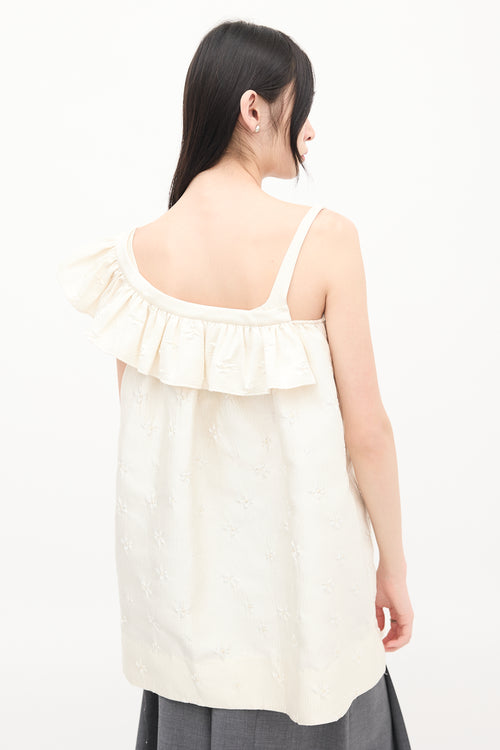 Shushu/Tong Cream Nylon Floral Cloqué Asymmetric Ruffle Dress