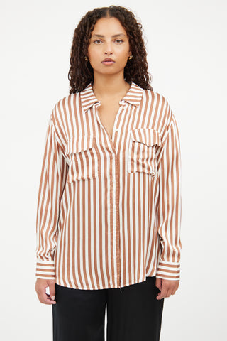 Silk Laundry Brown & White Stripe Button Top