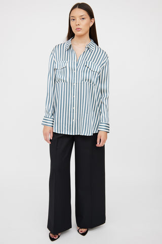 Silk Laundry Blue & White Stripe Button Up Blouse