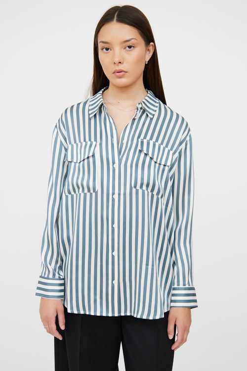 Silk Laundry Blue & White Stripe Button Up Blouse