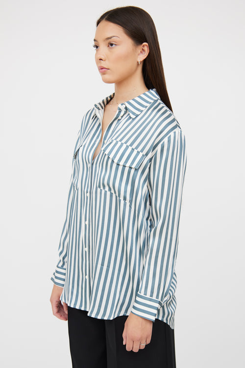 Silk Laundry Blue & White Stripe Button Up Blouse