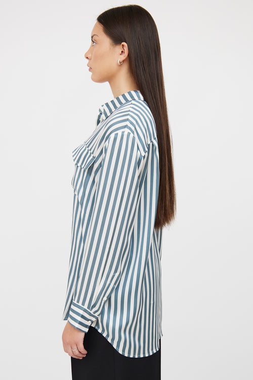 Silk Laundry Blue & White Stripe Button Up Blouse