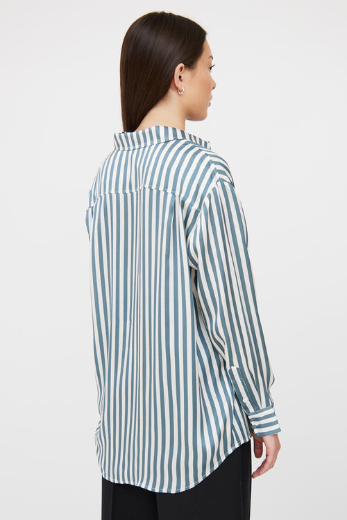 Silk Laundry Blue & White Stripe Button Up Blouse