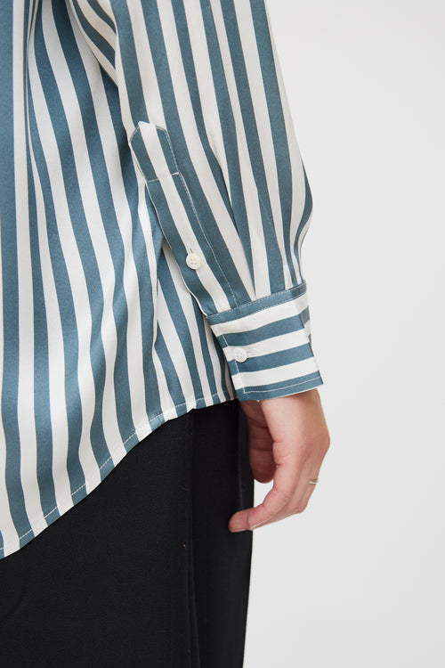 Silk Laundry Blue & White Stripe Button Up Blouse