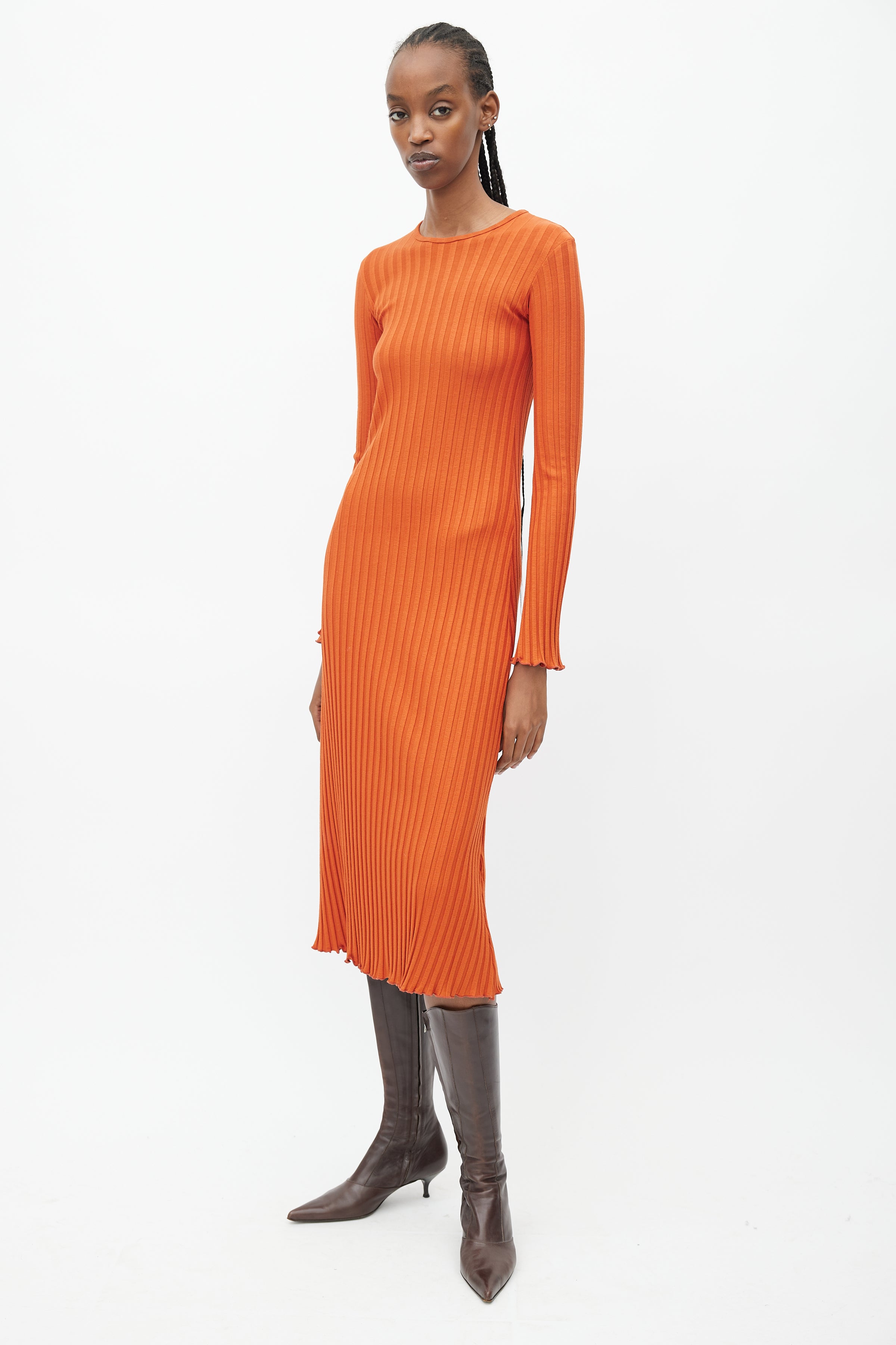 Orange long best sale sleeve midi dress