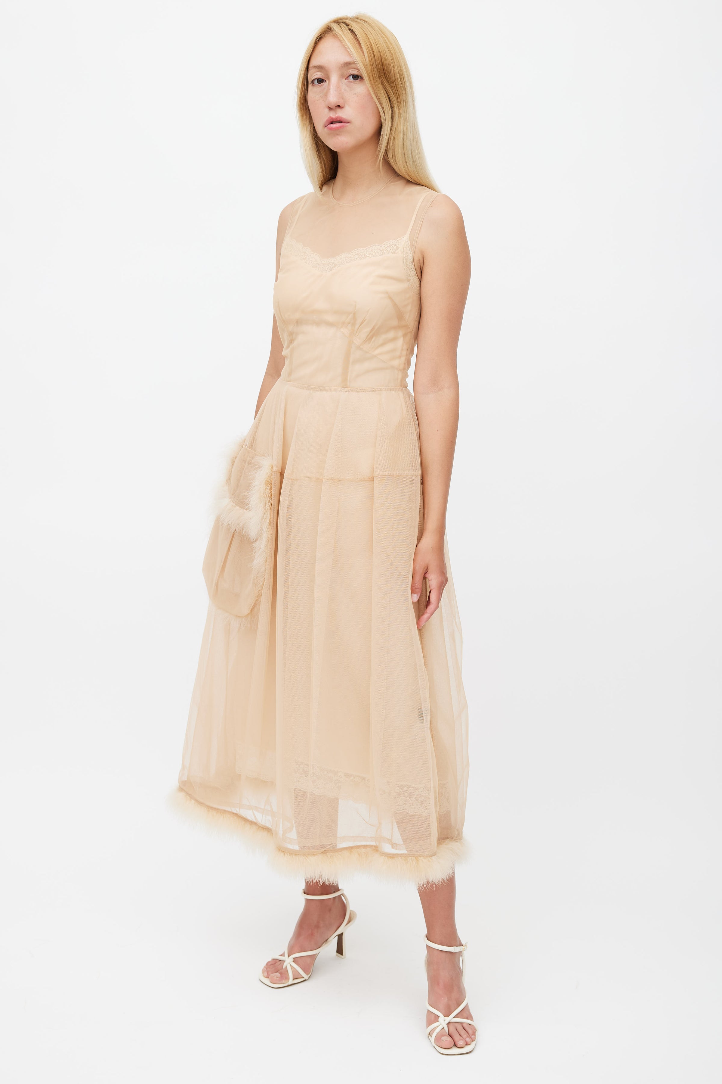 Simone Rocha // Beige Tulle & Feather Sheer Dress VSP Consignment Simone Rocha // Beige Tulle & Feather Sheer Dress VSP Consignment