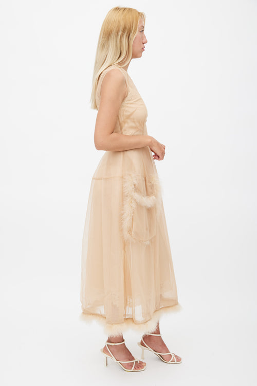 Simone Rocha Beige Tulle & Feather Sheer Dress