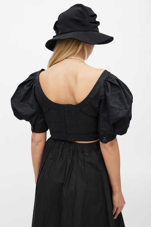 Simone Rocha Black Floral Puff Sleeve Cropped Top