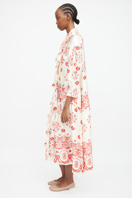 Simone Rocha Cream & Red Silk Floral Ruffle Dress